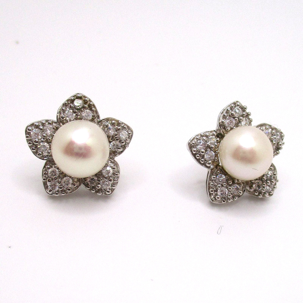 Vintage Sterling Silver Rhinestone and Pearl Flower Pierced Stud Earrings